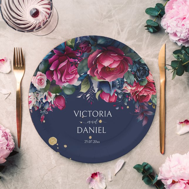 Navy blue hot pink roses personalised wedding paper plate (Creator Uploaded)