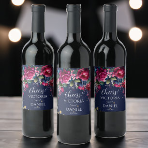 Navy blue hot pink roses personalised wedding wine label