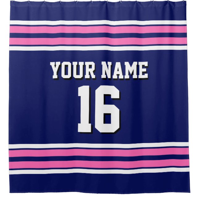 Navy Blue Hot Pink White Stripes Sports Jersey Shower Curtain (Front)