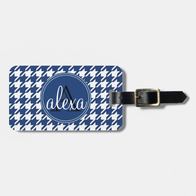 Navy Blue Houndstooth Monogram Luggage Tag (Front Horizontal)