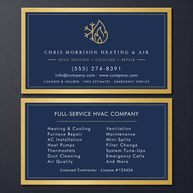 Navy Blue HVAC Company QR Code Gold Metallic Business Card (Creator Uploaded)