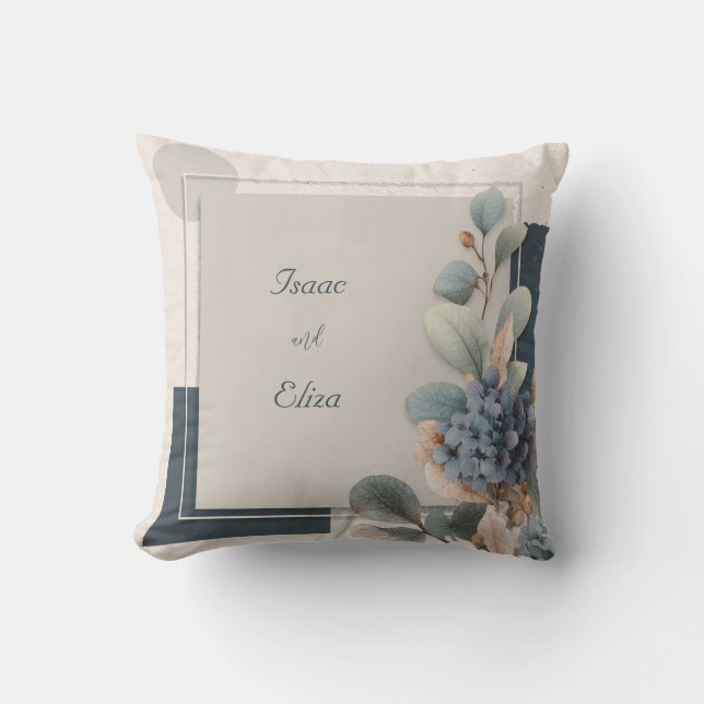 Navy Blue Hydrangea and Geometric Taupe Modern Cushion (Front)