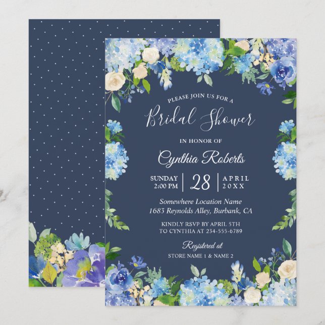 Navy Blue Hydrangea Floral Gorgeous Bridal Shower Invitation (Front/Back)