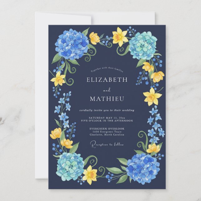 Navy Blue Hydrangea Floral Watercolor Wedding Invitation (Front)