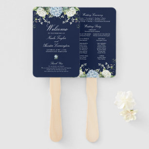 Navy Blue Hydrangea Floral Wedding Program Hand Fan