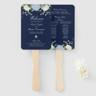 Navy Blue Hydrangea Floral Wedding Program Hand Fan