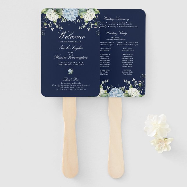 Navy Blue Hydrangea Floral Wedding Program Hand Fan (Front and Back)