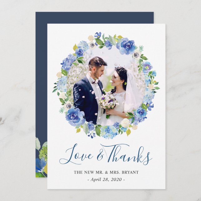 Navy Blue Hydrangea Floral Wreath Photo Thank You (Front/Back)