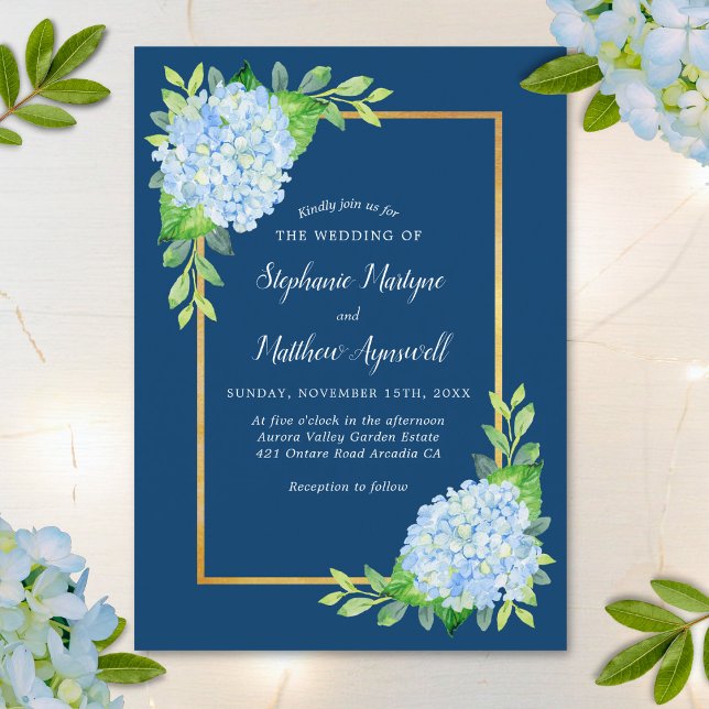 Navy Blue Hydrangea Gold Border Wedding Invitation (Creator Uploaded)