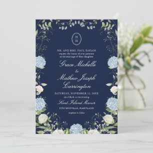 Navy Blue Hydrangea Monogram Wedding Invitation