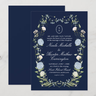 Navy Blue Hydrangea Monogram Wedding Invitation