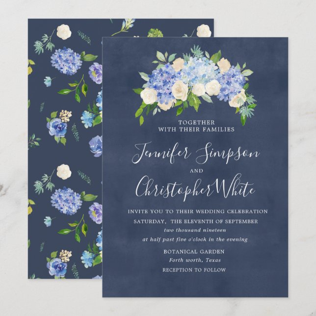 Navy Blue Hydrangea Wedding Invitation Cards (Front/Back)