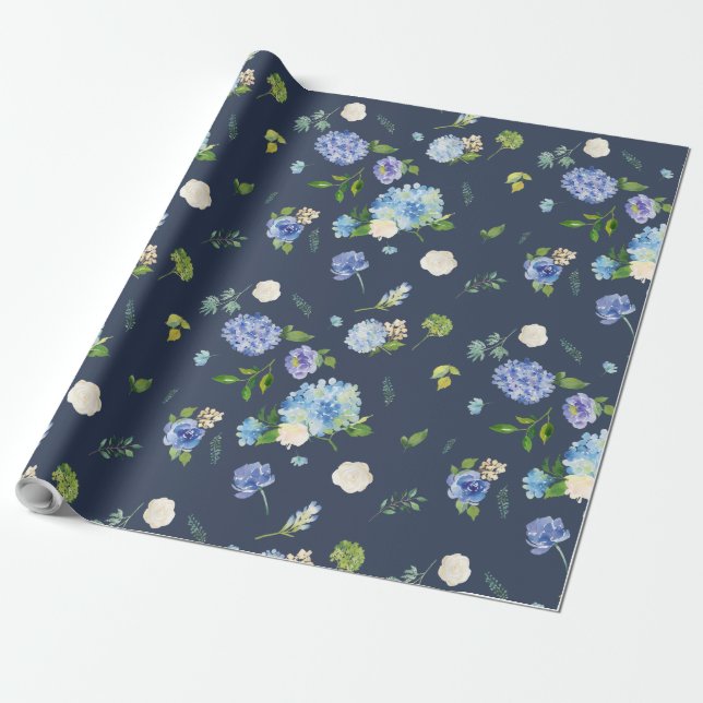 Navy Blue Hydrangea Wedding Wrapping Paper (Unrolled)