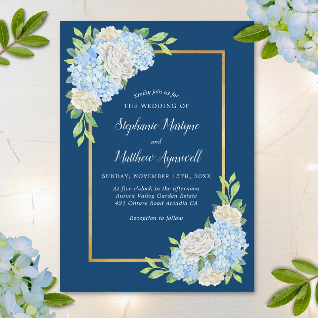 Navy Blue Hydrangea White Roses Gold Wedding Invitation (Creator Uploaded)