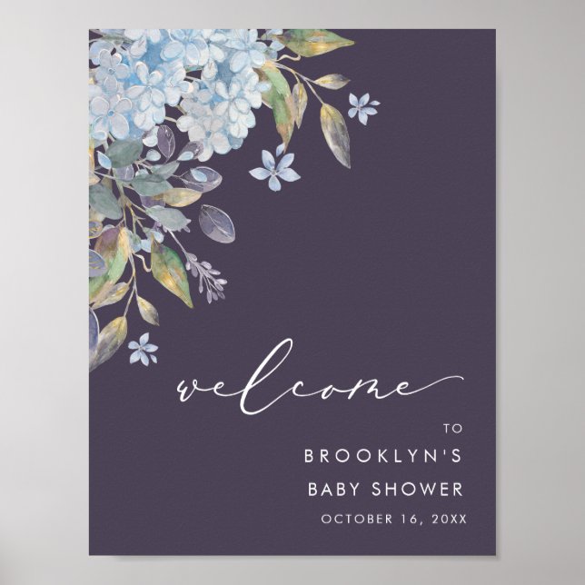  Navy Blue Hydrangeas Baby Shower Welcome Poster (Front)