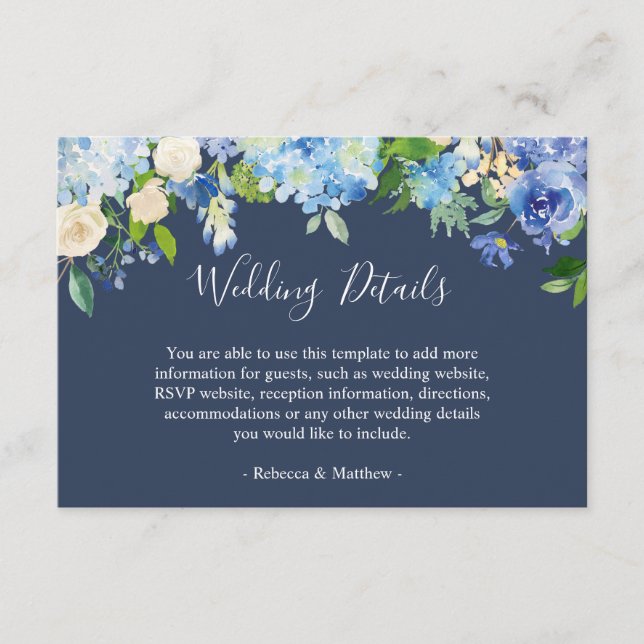 Navy Blue Hydrangeas Floral Wedding Info Details Enclosure Card (Front)