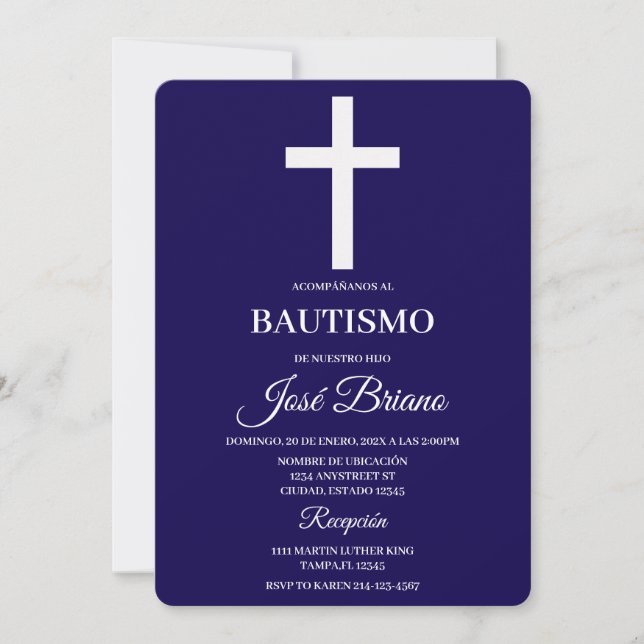 Navy blue in Spanish Baptism Invitation (Front)