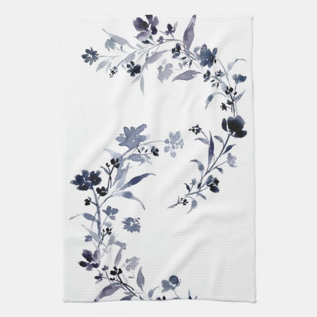 Navy blue indigo floral flower watercolor tea towel (Vertical)