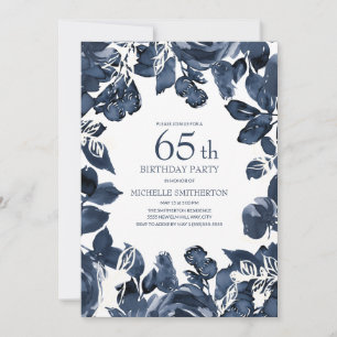 Navy Blue Indigo Leaves 65th Birthday Invitation