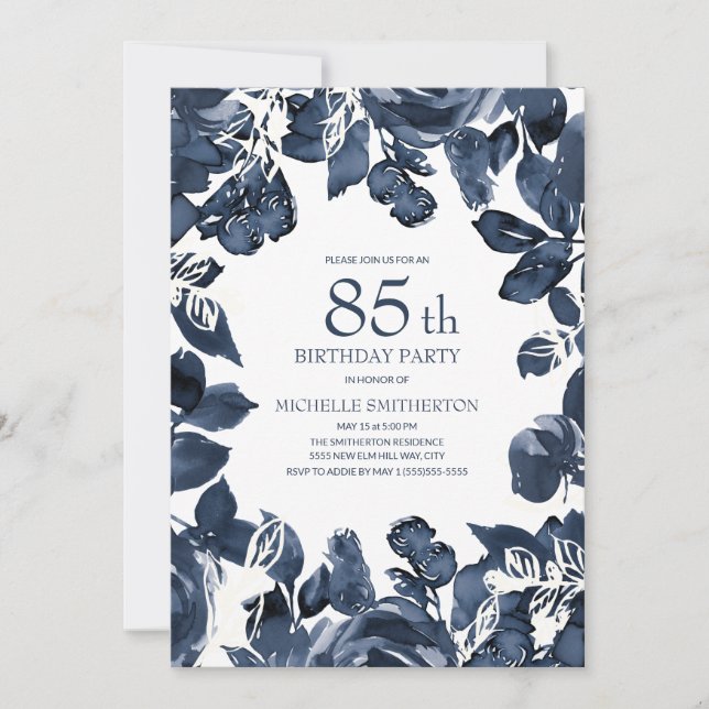 Navy Blue Indigo Leaves 85th Birthday Invitation (Front)