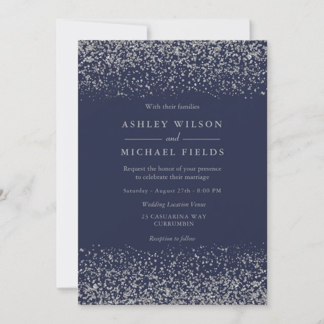 Navy Blue Indigo Silver Glitter Modern Wedding Invitation (Front)