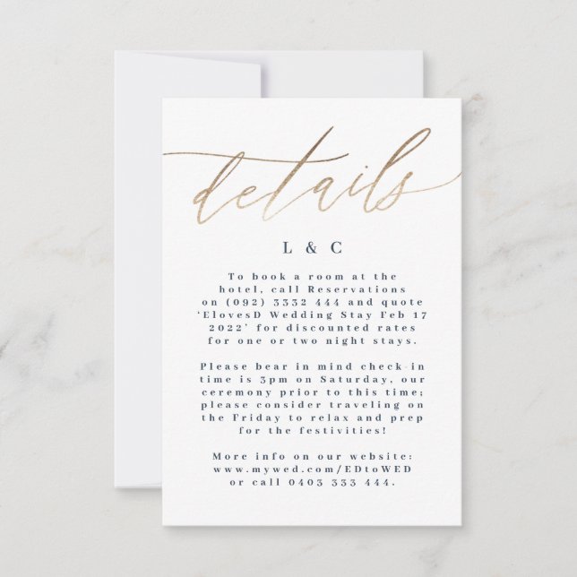 Navy Blue Info Accommodation Gold Wedding RSVP Card (Front)