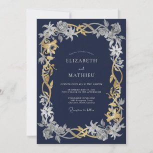 Navy Blue Intricate Winter Wedding Invitation