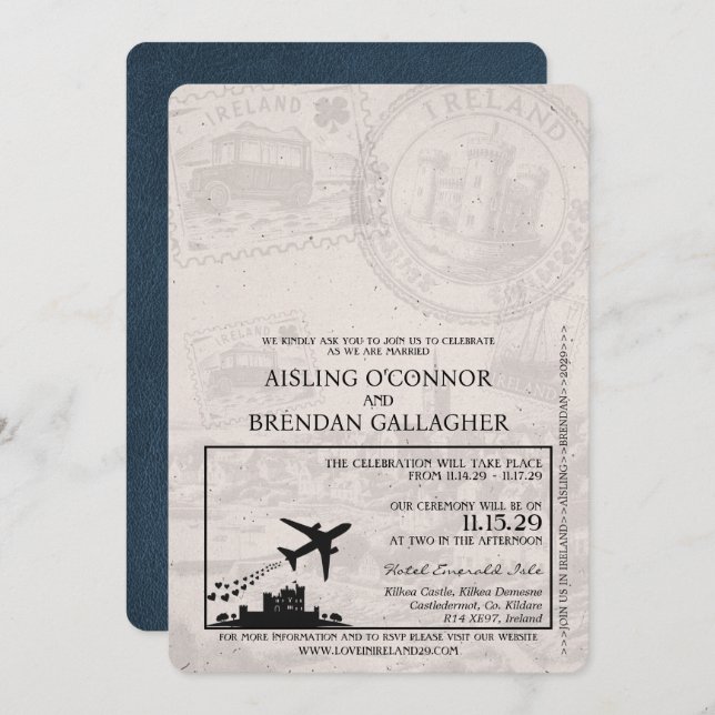Navy Blue Ireland Passport Wedding Invitation (Front/Back)