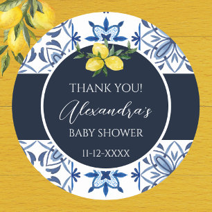 Navy Blue Italian Lemon Baby Shower Thank You Classic Round Sticker