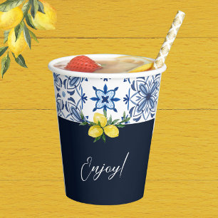 Navy Blue Italian Tile Yellow Lemon Bridal Shower Paper Cups