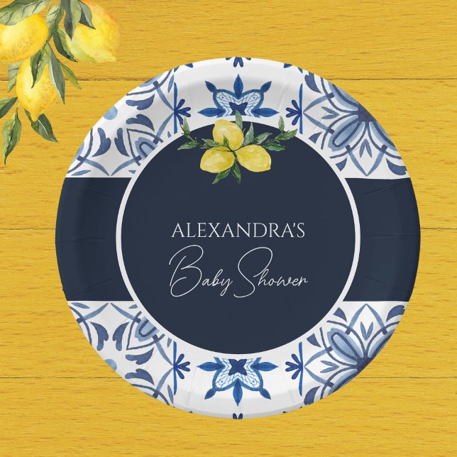 Navy Blue Italian Yellow Lemon Baby Shower Paper Plate (Creator Uploaded)