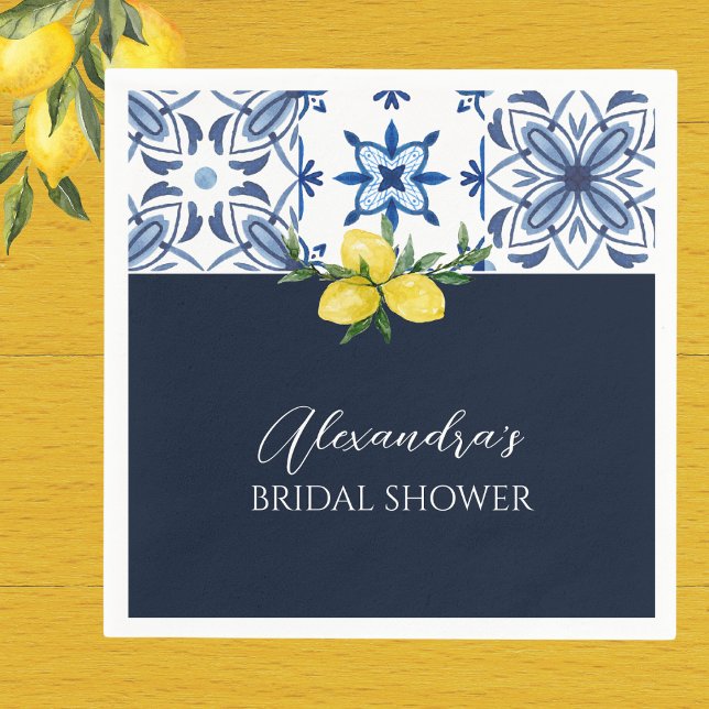 Navy Blue Italian Yellow Lemon Bridal Shower Napkin (Creator Uploaded)
