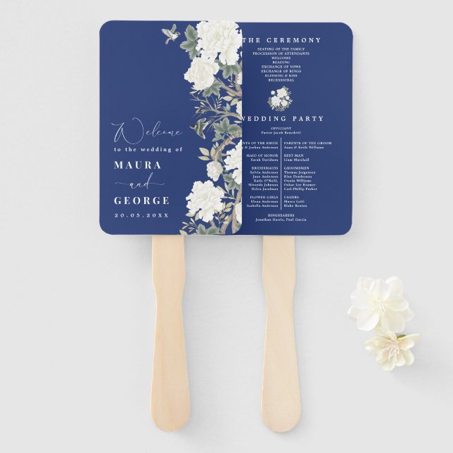 Navy Blue Ivory Chinoiserie Wedding Program Hand Fan (Front and Back)