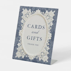 Navy Blue Ivory Doily Lace Wedding Cards & Gifts Pedestal Sign