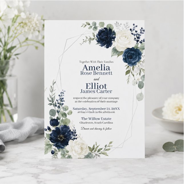 Navy Blue Ivory Floral Geometric Wedding Invitation (Creator Uploaded)