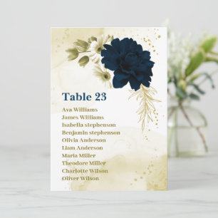 Navy blue ivory flowers gold seating chart card