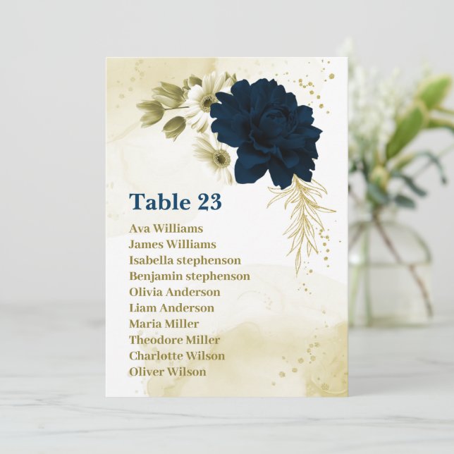 Navy blue ivory flowers gold seating chart card (Standing Front)