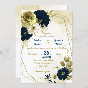 Navy blue ivory gold floral geometric wedding invitation
