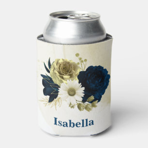 navy blue ivory gold flowers monogram can cooler