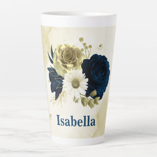 navy blue ivory gold flowers monogram latte mug (Front)