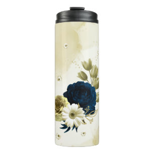 navy blue ivory gold flowers thermal tumbler