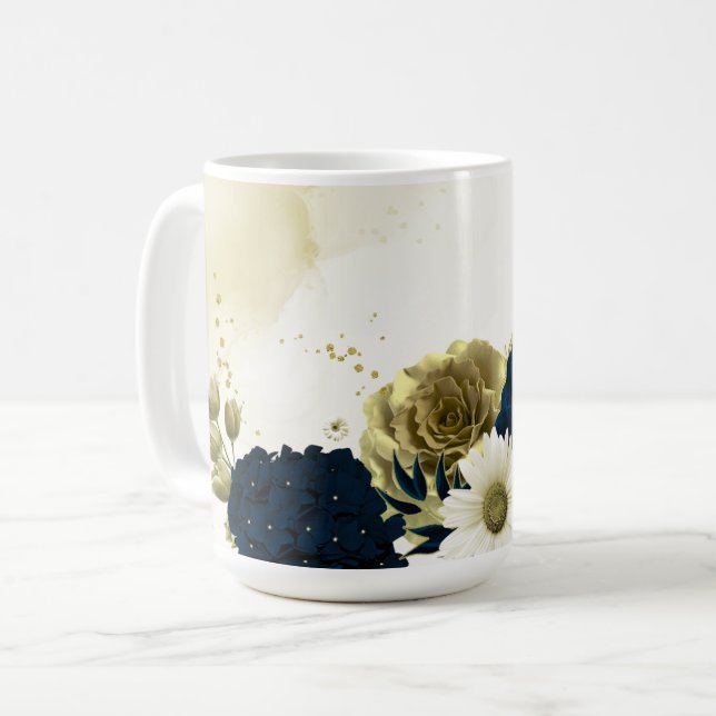 navy blue ivory gold flowers wedding coffee mug (Front Left)