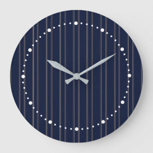 Navy Blue Ivory Gold Pinstripes Large Clock