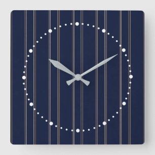 Navy Blue Ivory Gold Pinstripes Square Wall Clock