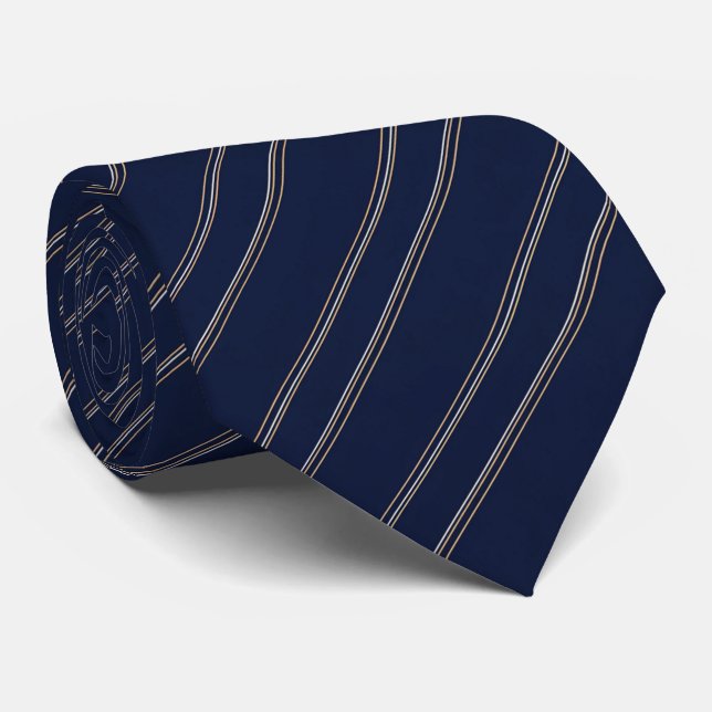 Navy Blue Ivory Gold Pinstripes Tie (Rolled)