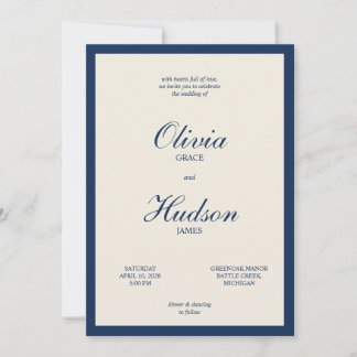 Navy Blue Ivory Modern Minimalist Script Wedding Invitation