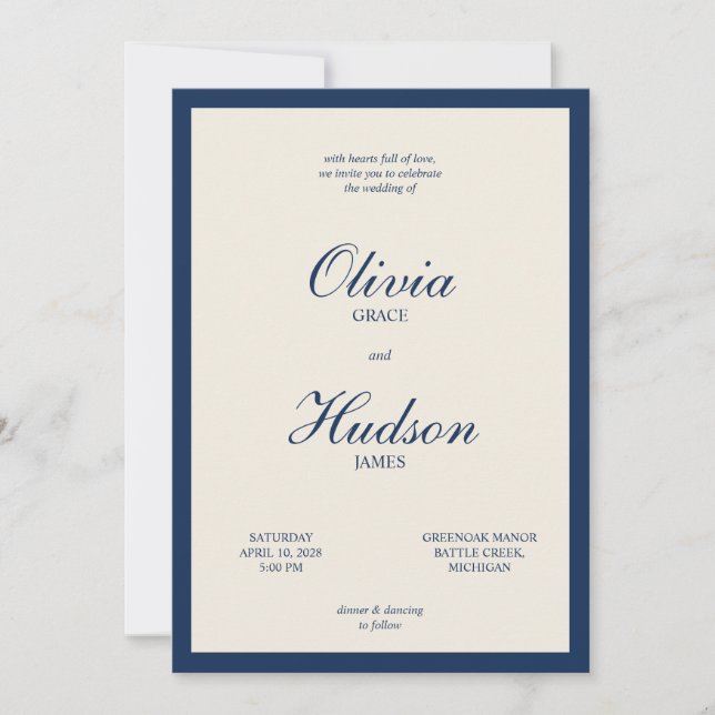 Navy Blue Ivory Modern Minimalist Script Wedding Invitation (Front)