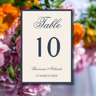 Navy Blue Ivory Old Money Timeless Elegant Wedding Table Number