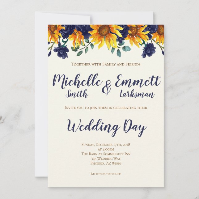 Navy Blue Ivory Rustic Country Sunflower Wedding Invitation (Front)