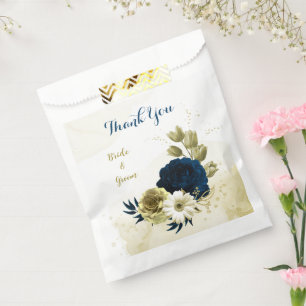 navy blue ivory white and gold flowers wedding favour bags